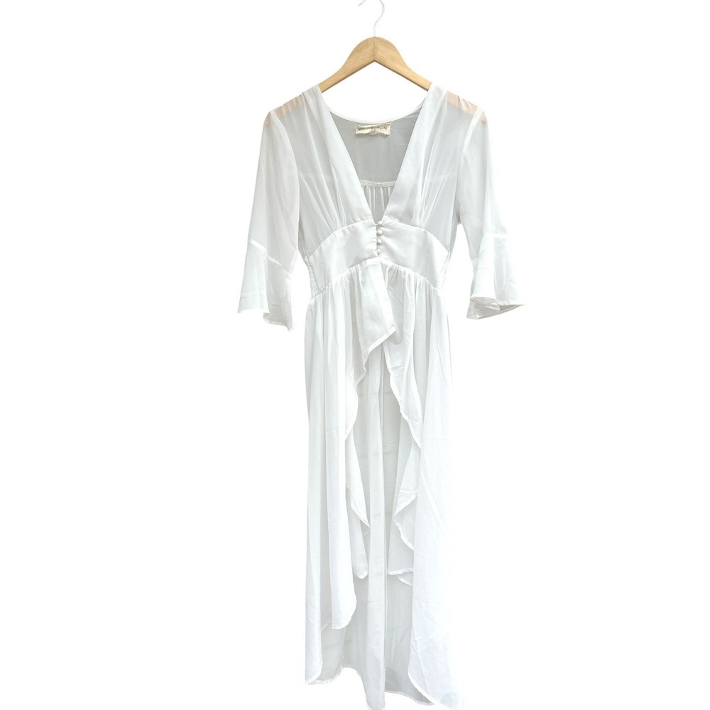 Wishing Waves White Ruffle V Neck Midi‎ Dress Smocked Waist Bell Sleeve Size M